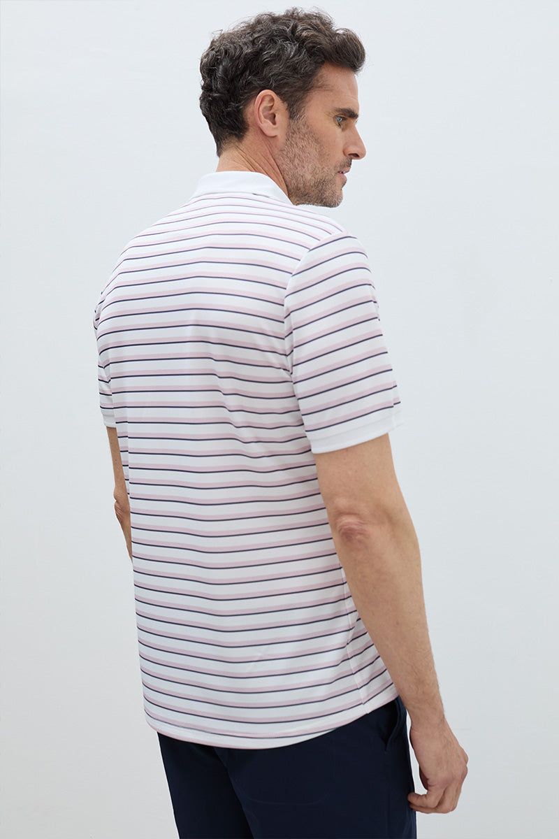 Men's short-sleeved pink striped ribbed polo shirt