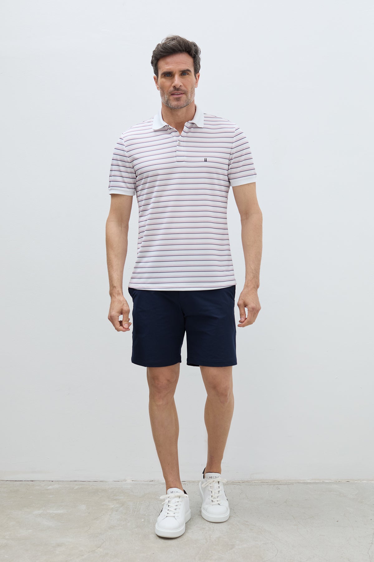 Men's short-sleeved pink striped ribbed polo shirt