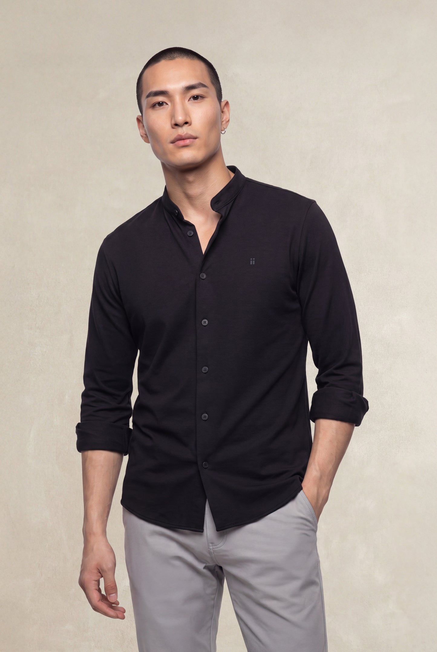Men's casual mandarin collar shirt in black Ranger