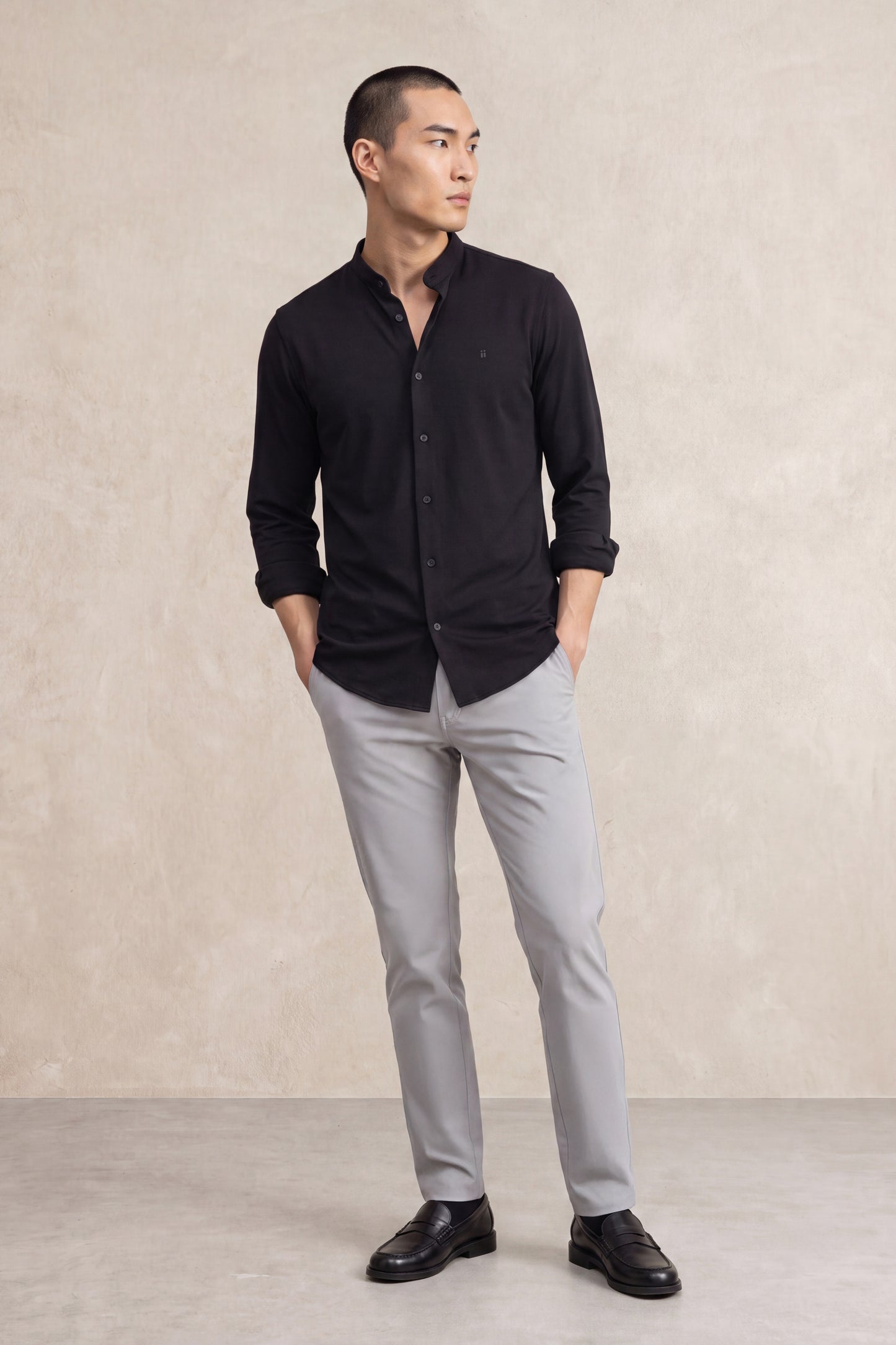 Men's casual mandarin collar shirt in black Ranger