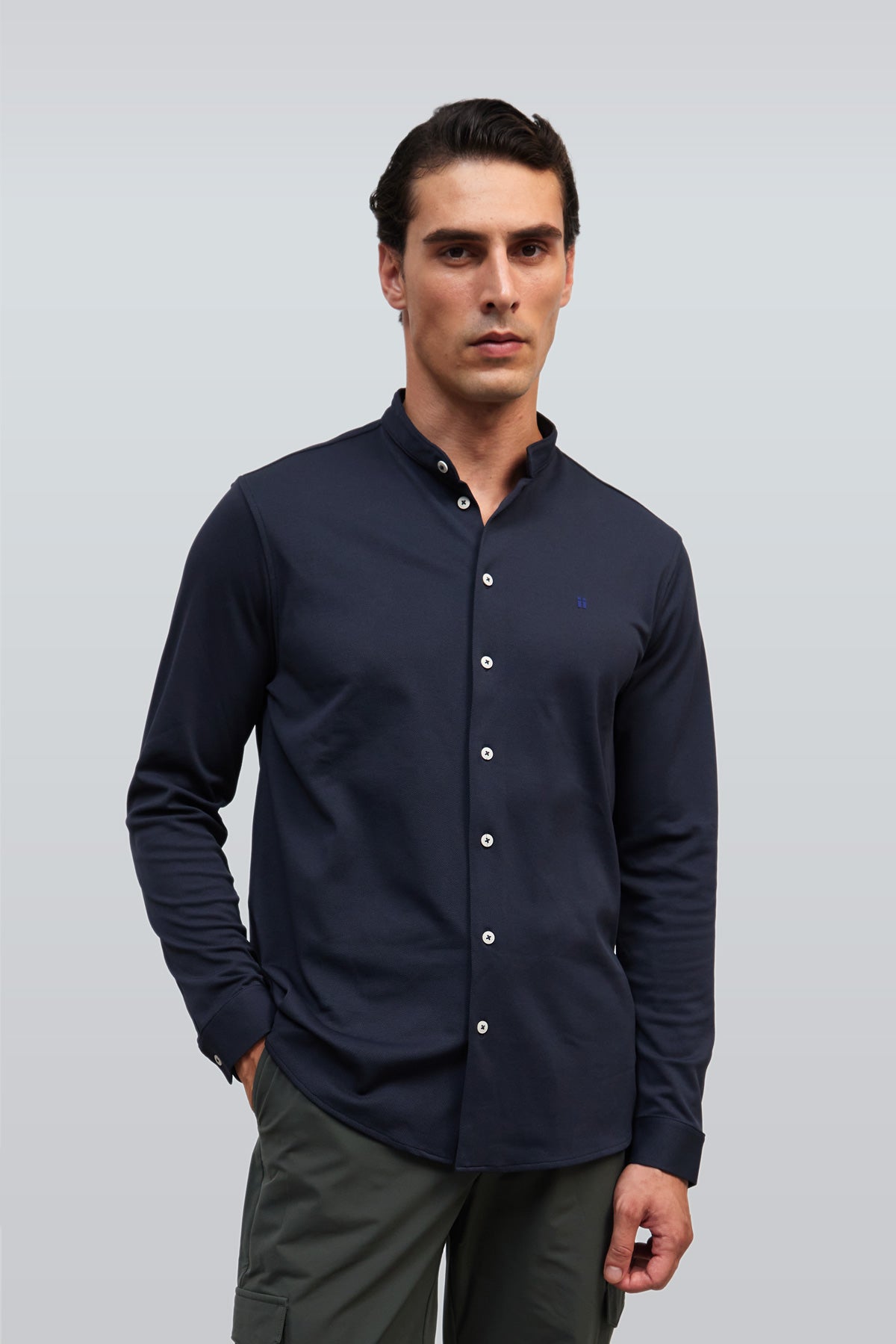 Men's casual navy blue Mao collar shirt Ranger