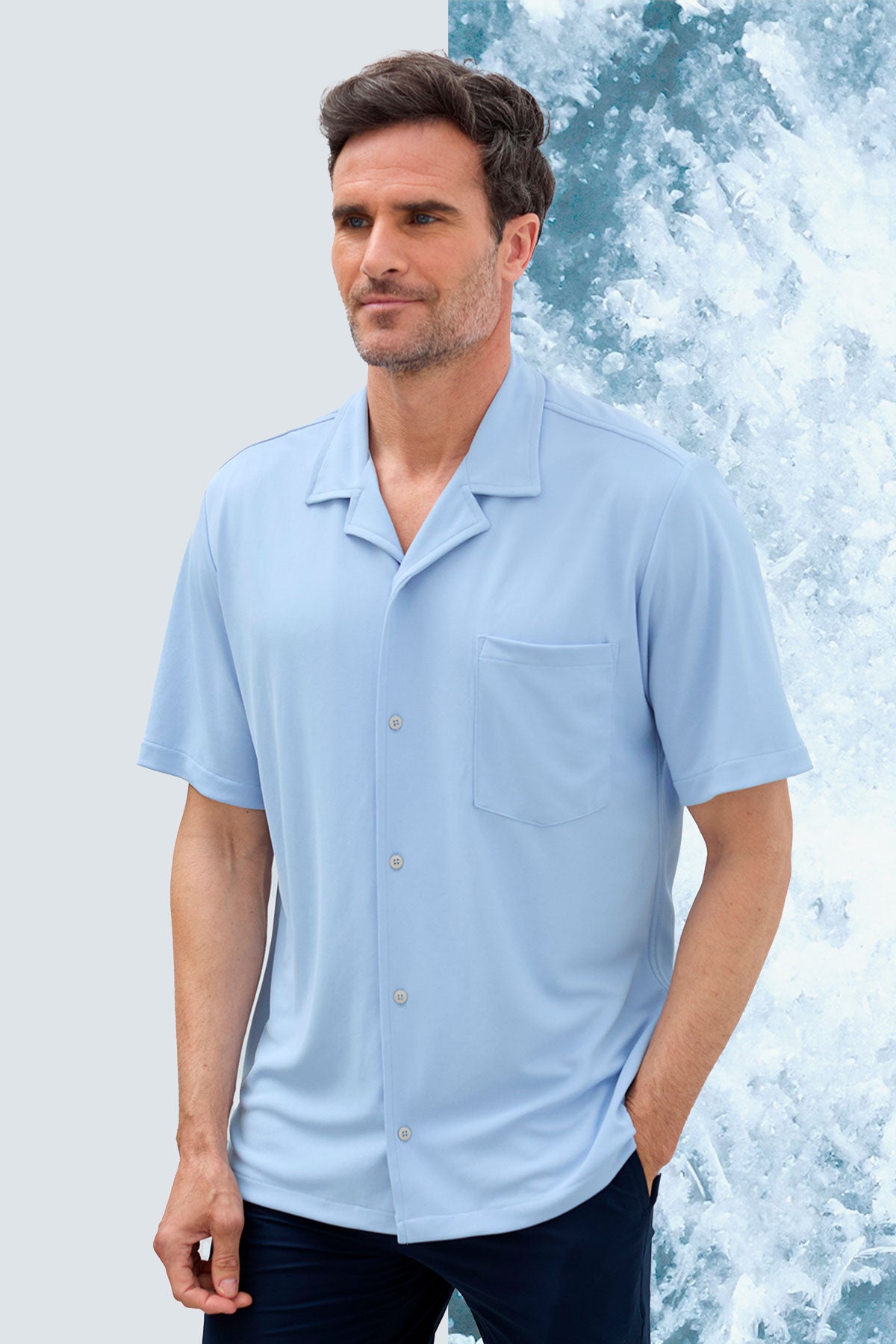 camisa bowling ice manga corta azul halo hombre frente 