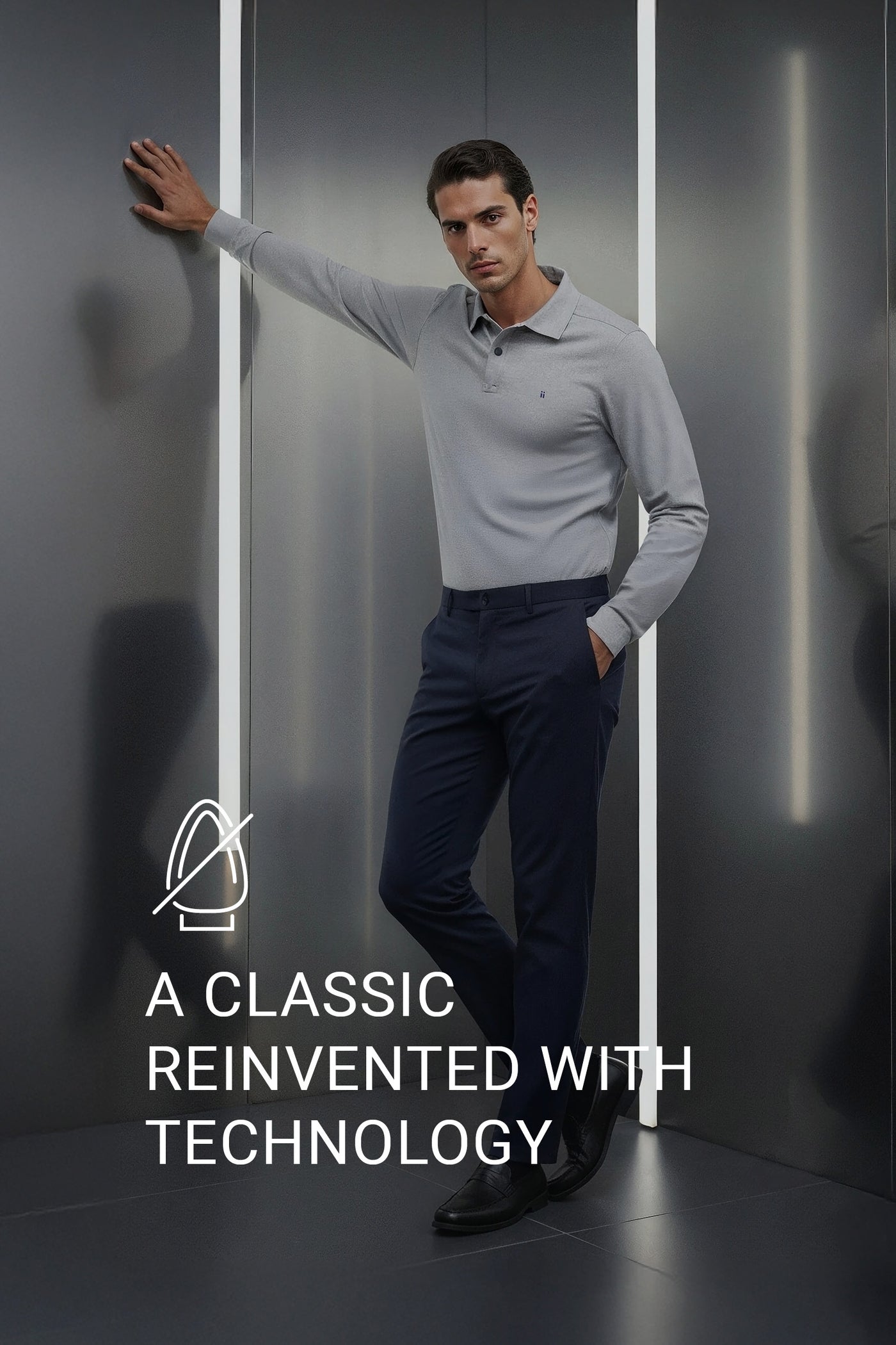 Men's dark grey long-sleeved polo shirt Warm+