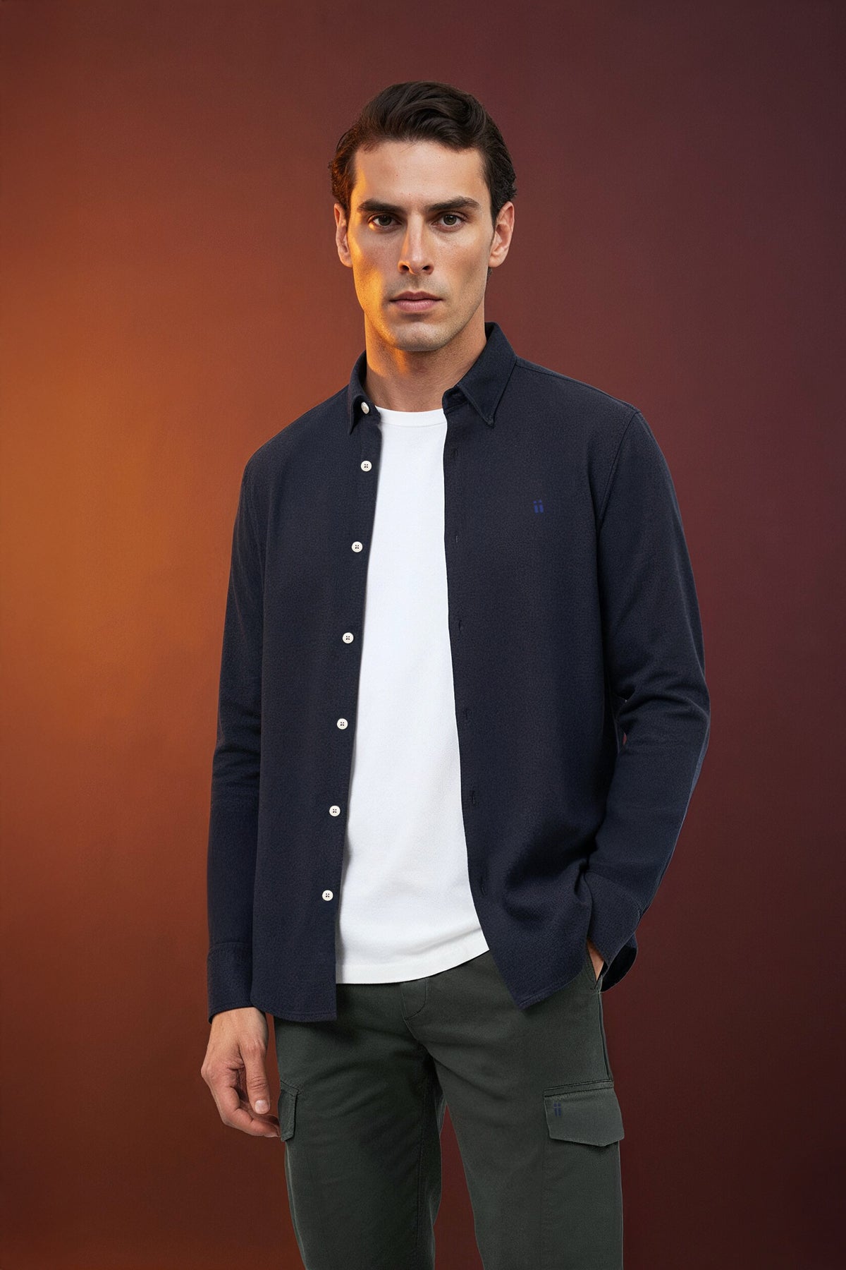 Camisa casual cuello kent azul marino warm plus plano medio 