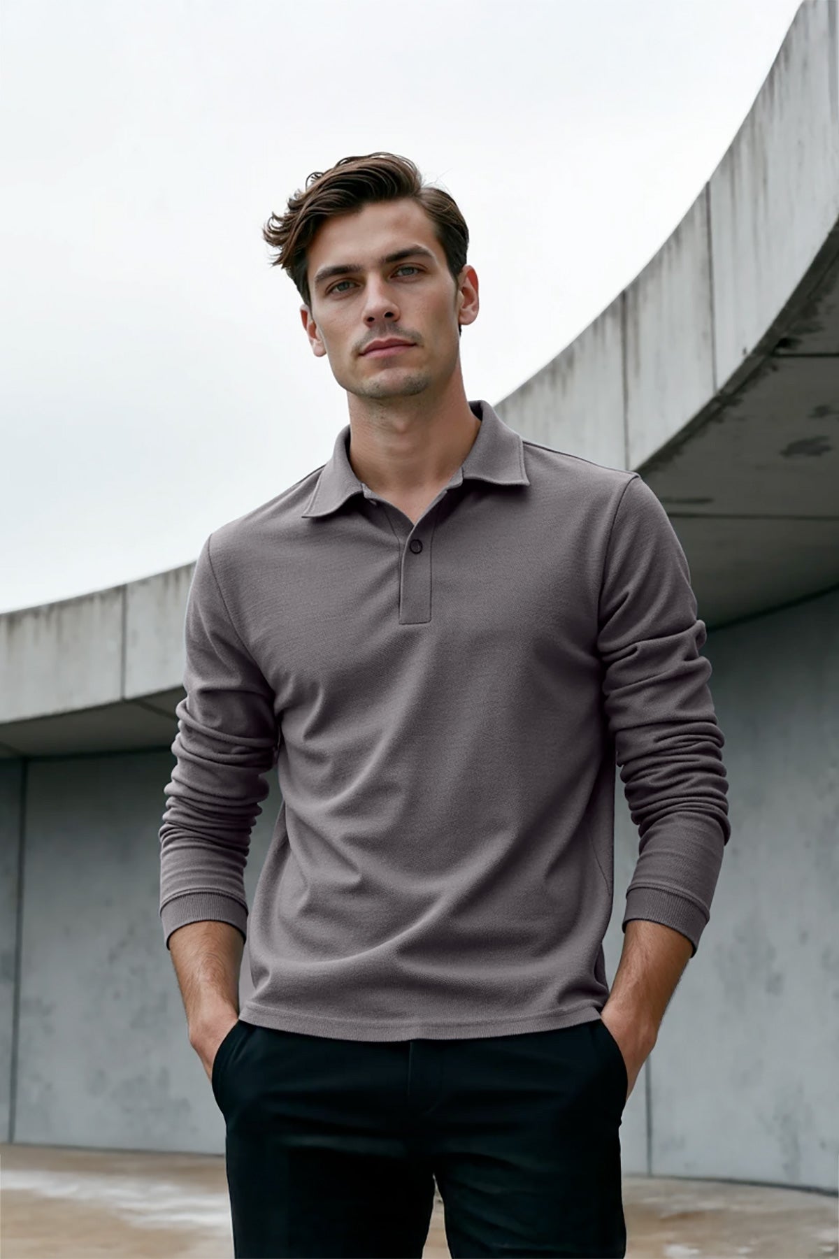 Men's long sleeve polo shirt, volcano grey Ranger