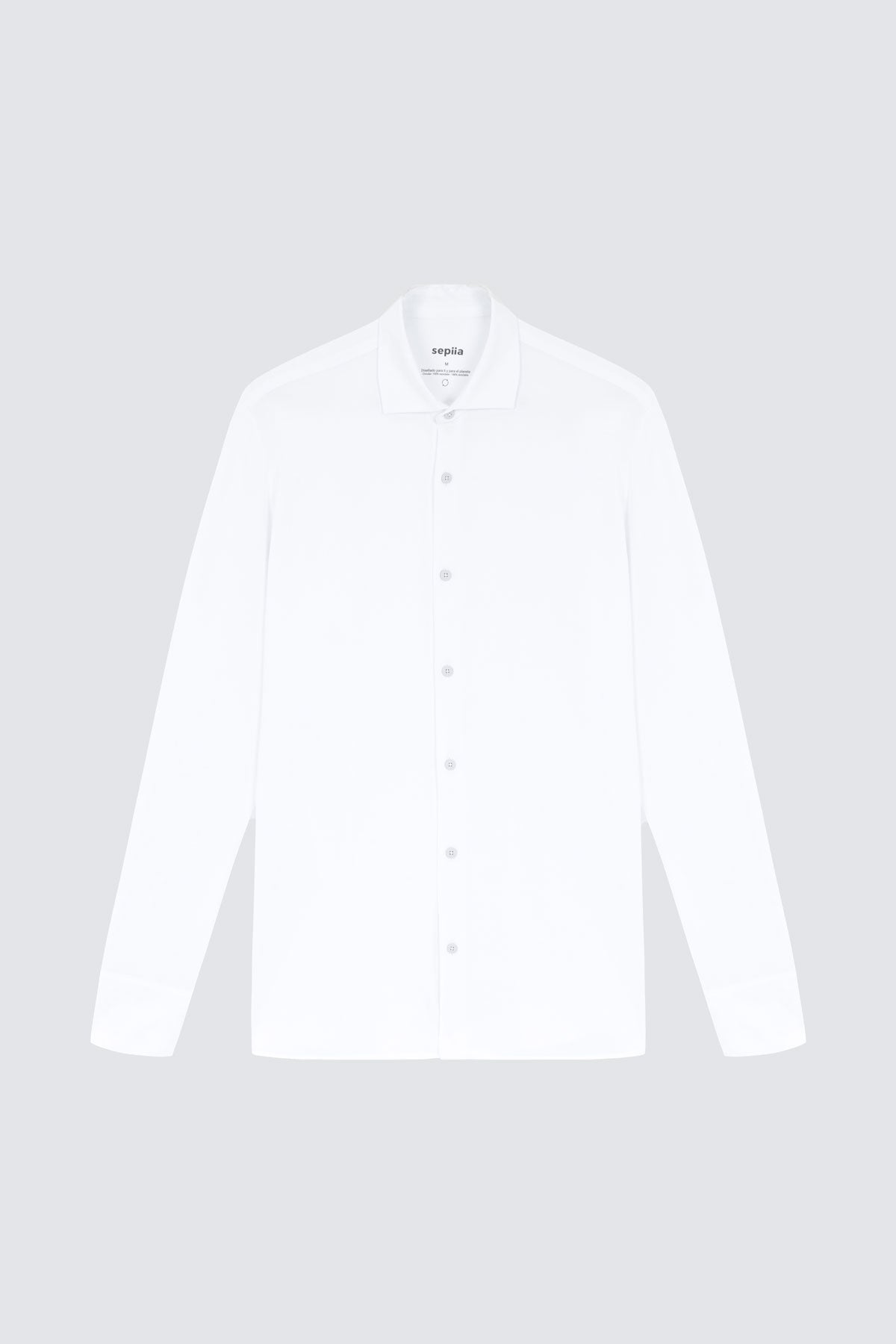 Camisa de vestir blanca de manga larga slim para hombre Sepiia: Camisa de vestir blanca de manga larga slim para hombre sin arrugas, antimanchas, perfecta para traje o americana. Foto prenda en plano