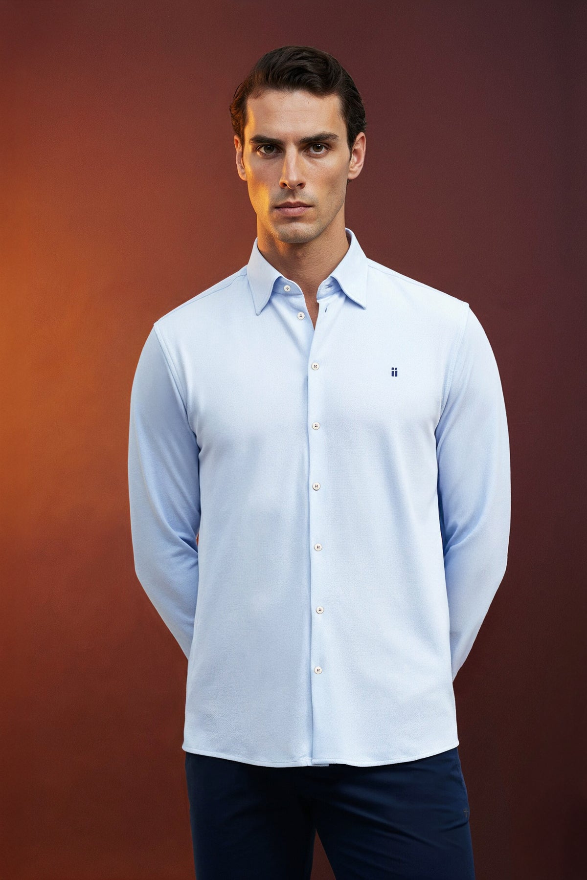 Camisa casual cuello kent celeste warm plano medio 