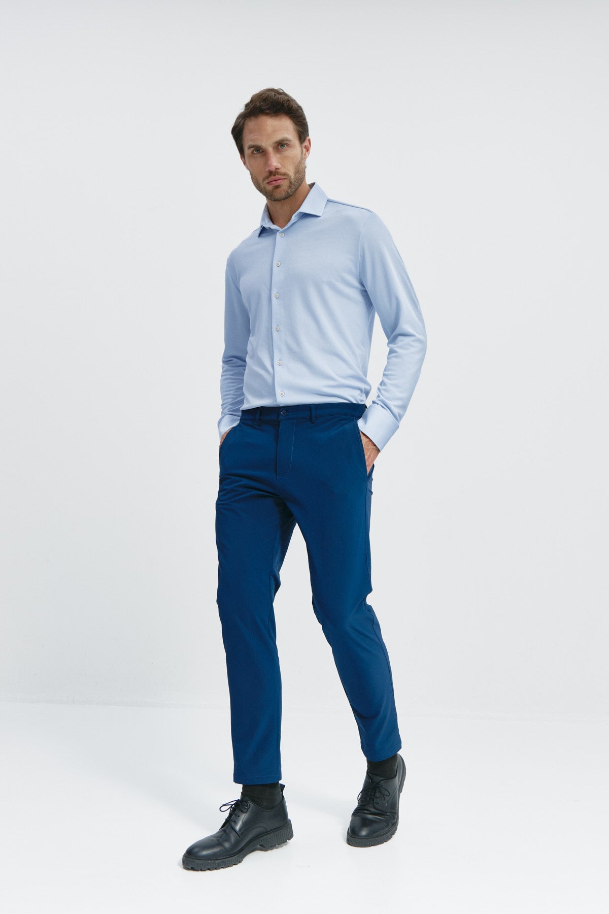 camisa formal regular azul look completo 