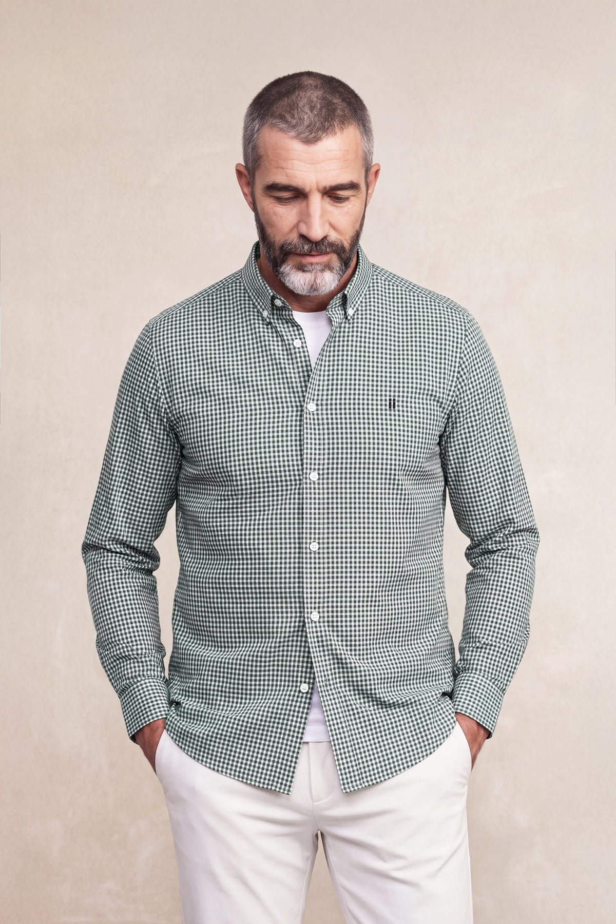 Camisa casual hombre estampado vichy verde regular