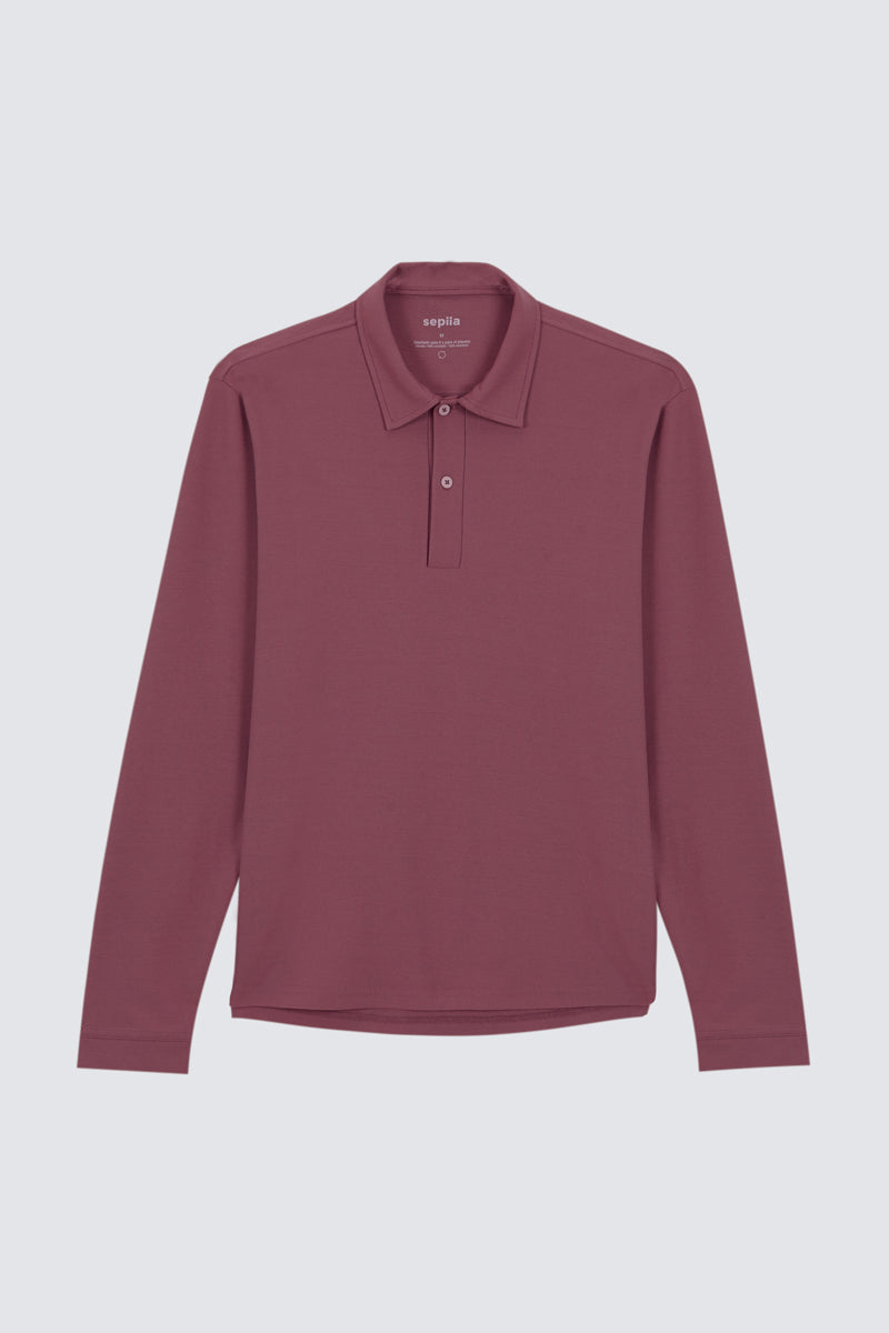 Polo de manga larga para hombre granate: Polo de manga larga para hombre en color granate, sin arrugas, antimanchas, ligero y flexible para mayor comodidad. Foto prenda en plano.