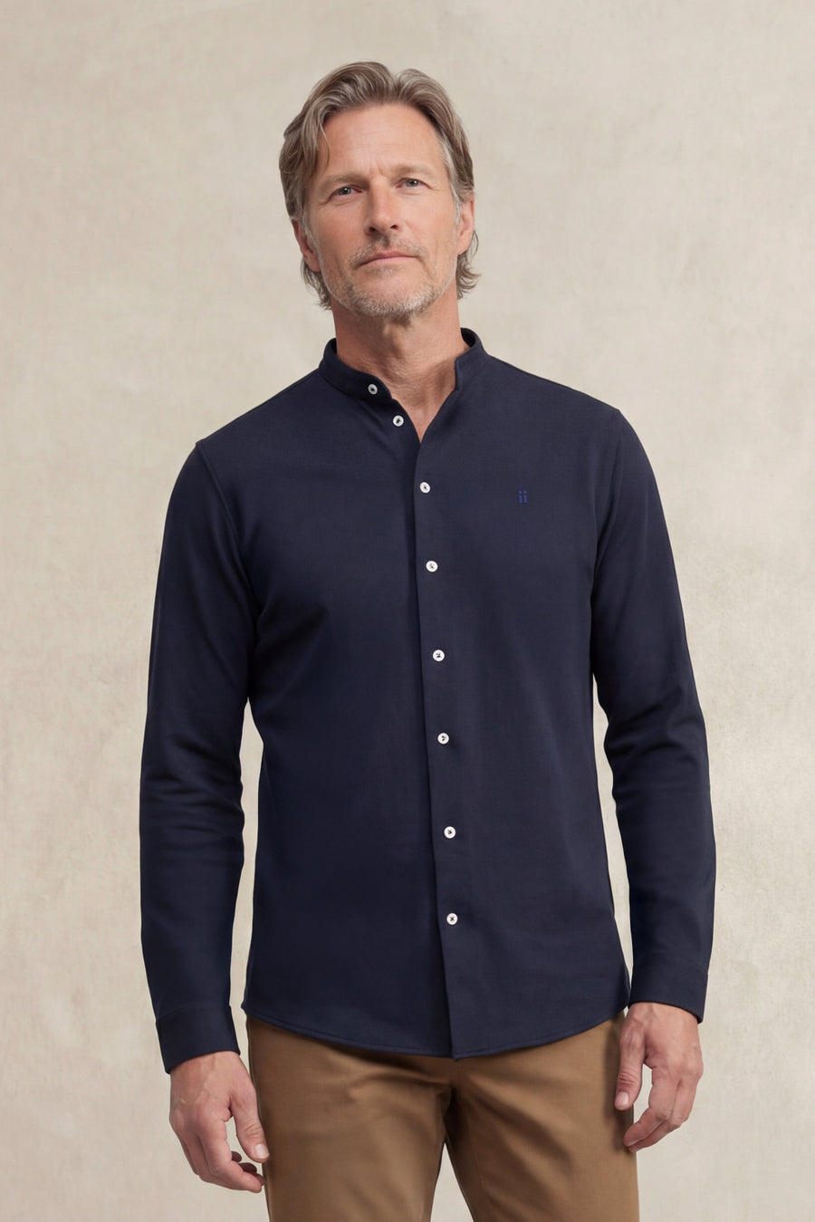 Camisa casual azul marinho para homem com gola Mao Ranger