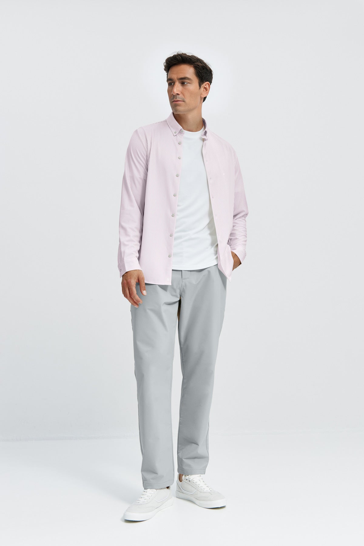 Camisa casual hombre estampado con rayas rosas regular