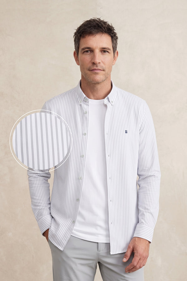 Camisa Casual Masculina Riscas Cinza Regular BD