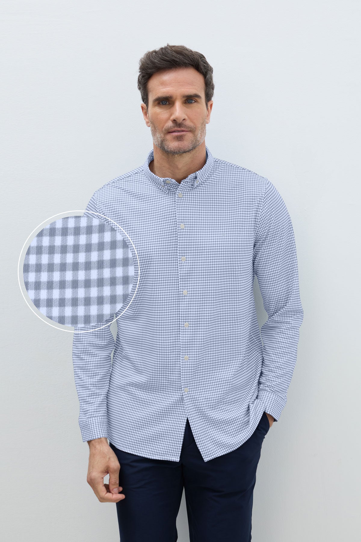 camisa vichy azul celeste hombre regular frente 