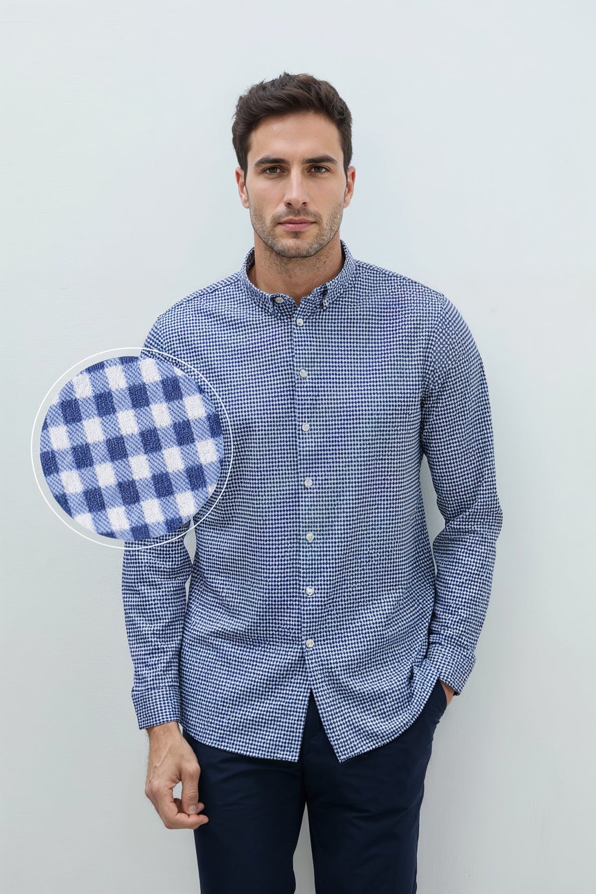 Camisa casual hombre estampado vichy azul marino regular