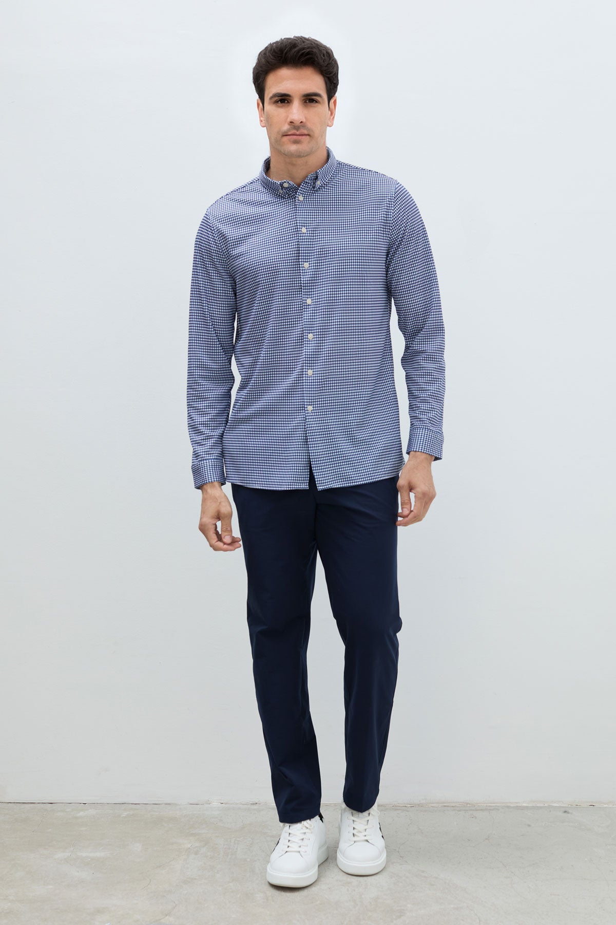 Camisa casual hombre estampado vichy azul marino regular