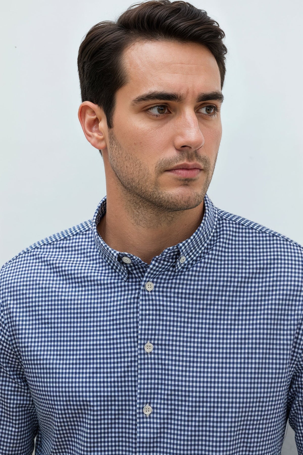 Camisa casual hombre estampado vichy azul marino regular