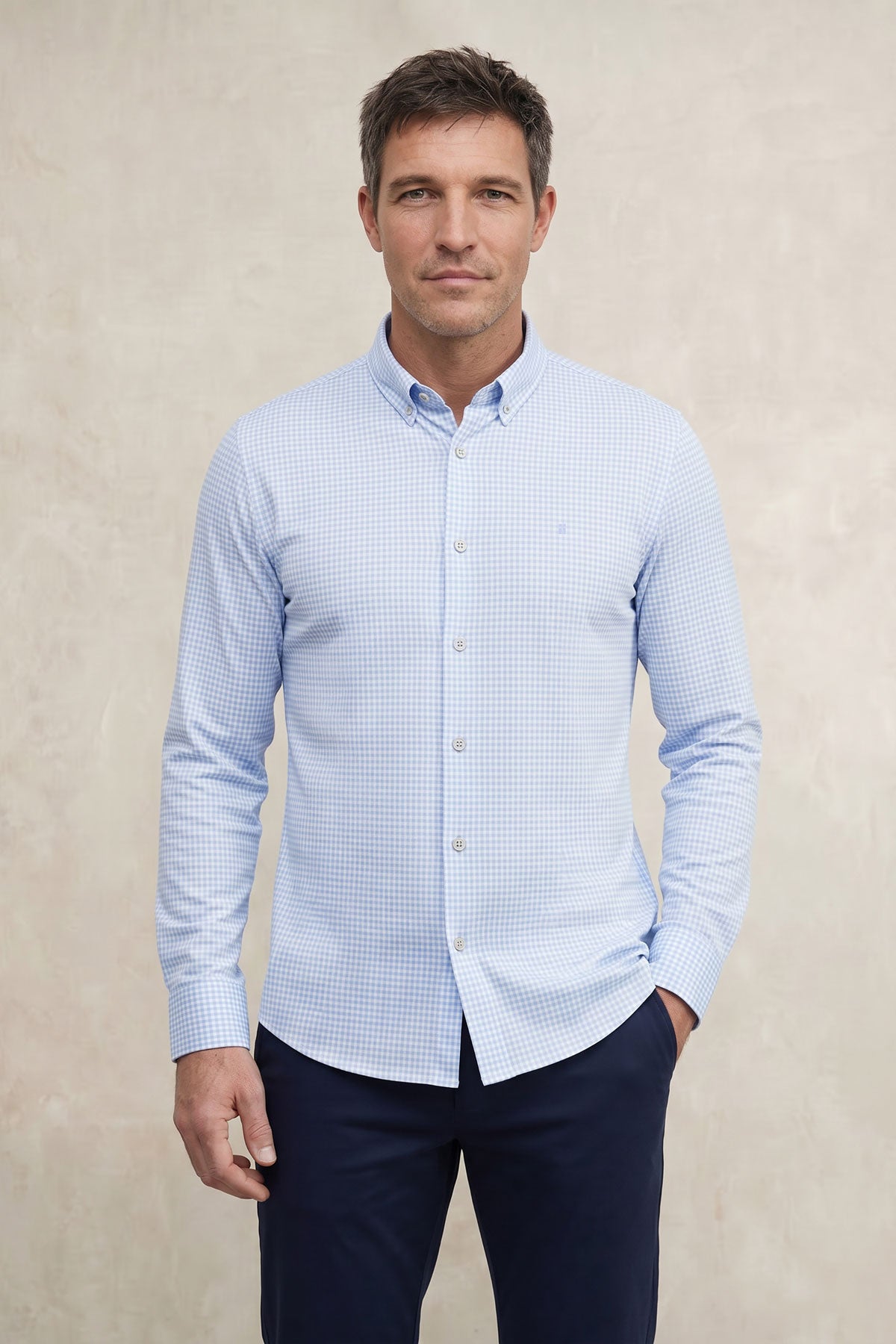Camisa casual hombre estampado vichy celeste regular