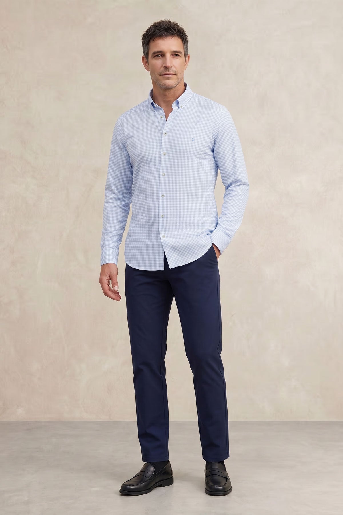 Camisa casual hombre estampado vichy celeste regular