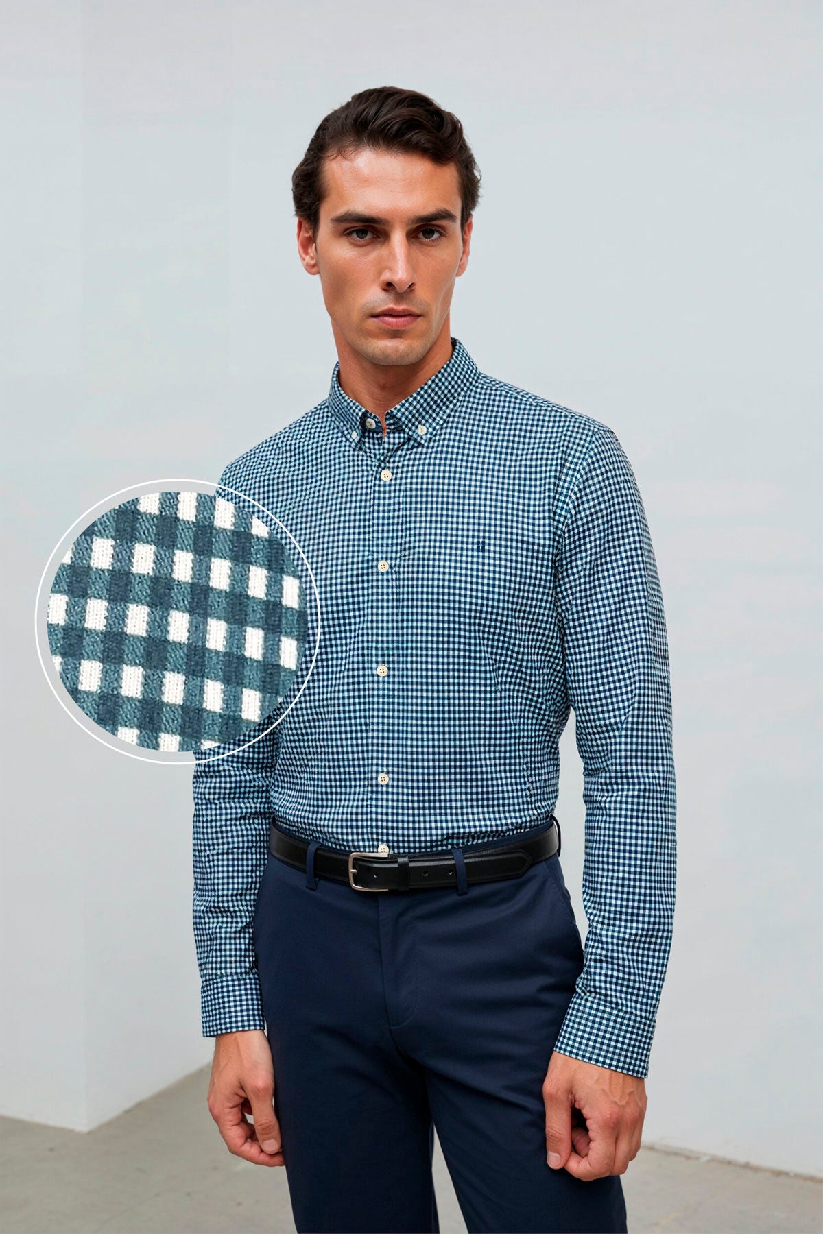 camisa casual vichy azul regular plano medio 