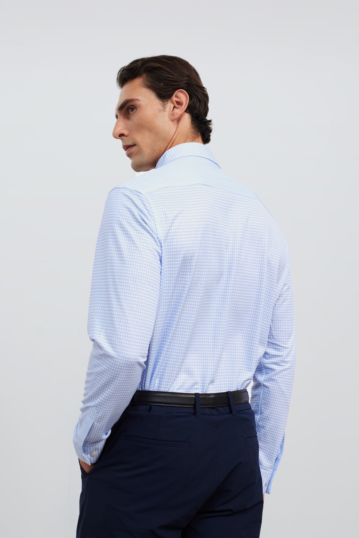 Camisa casual masculina com estampa xadrez azul claro regular