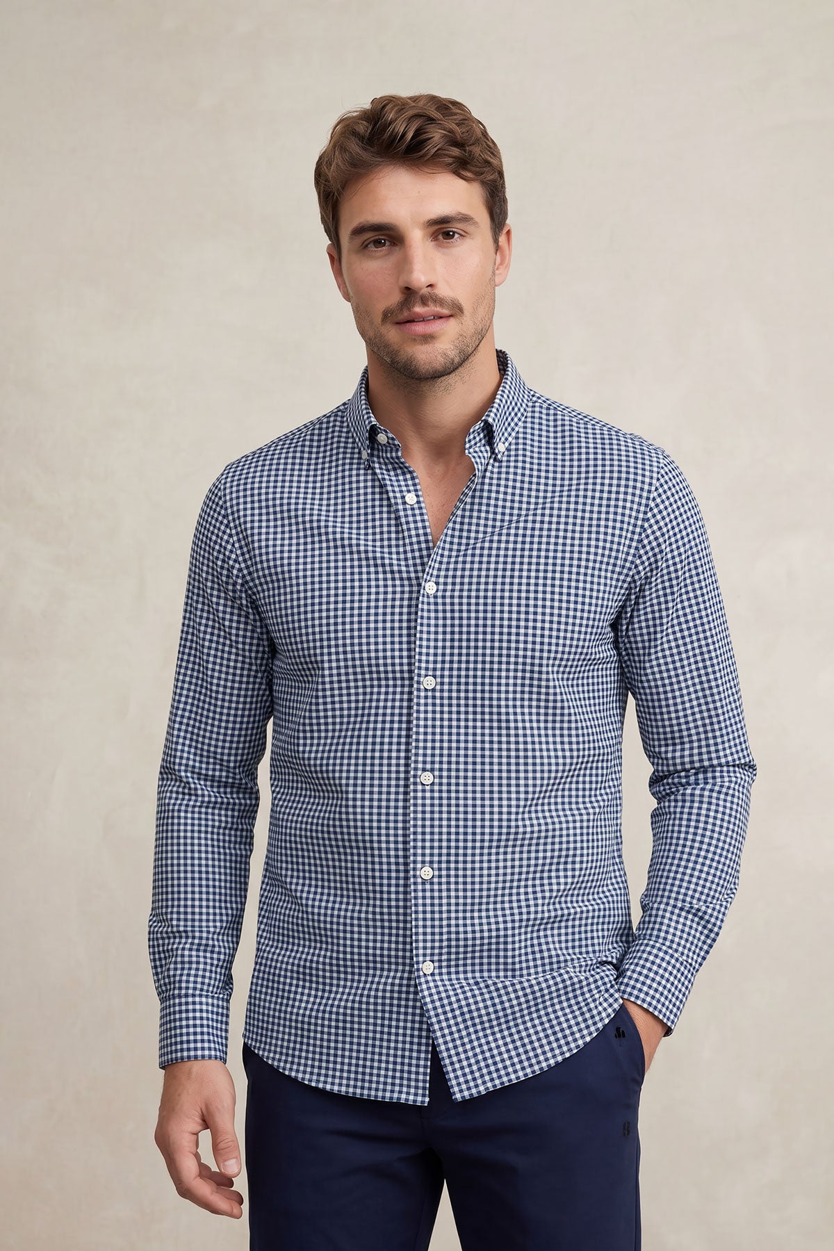 camisa casual cuadros vichy azul marino regular