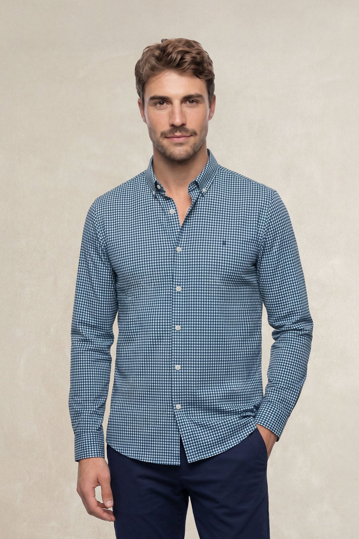 Camisa casual hombre vichy azul regular