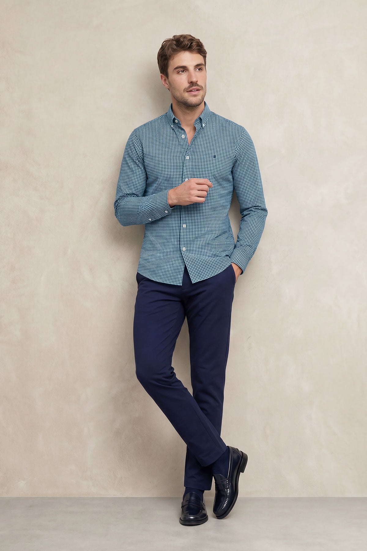 Camisa casual hombre vichy azul regular