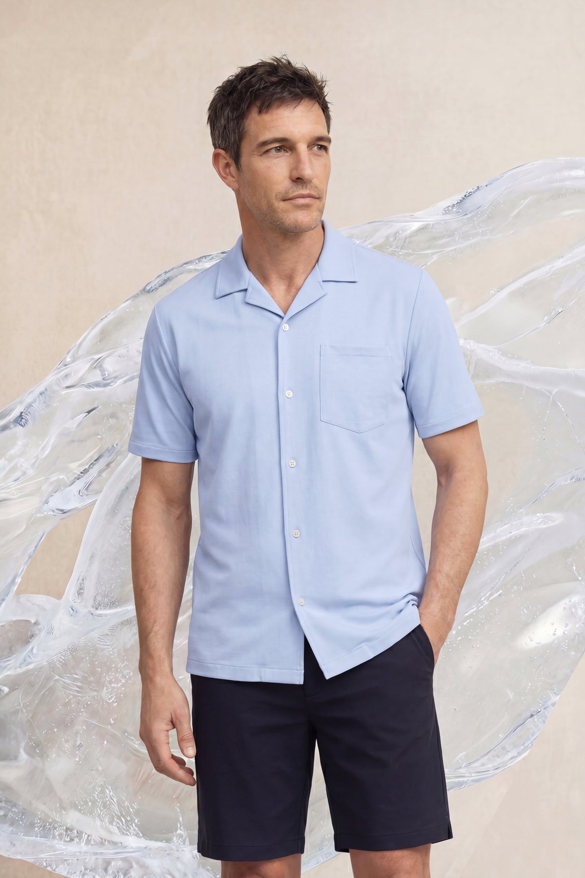 Men's ICE Blue Halo Heather Short-Sleeved Bowling Shirt