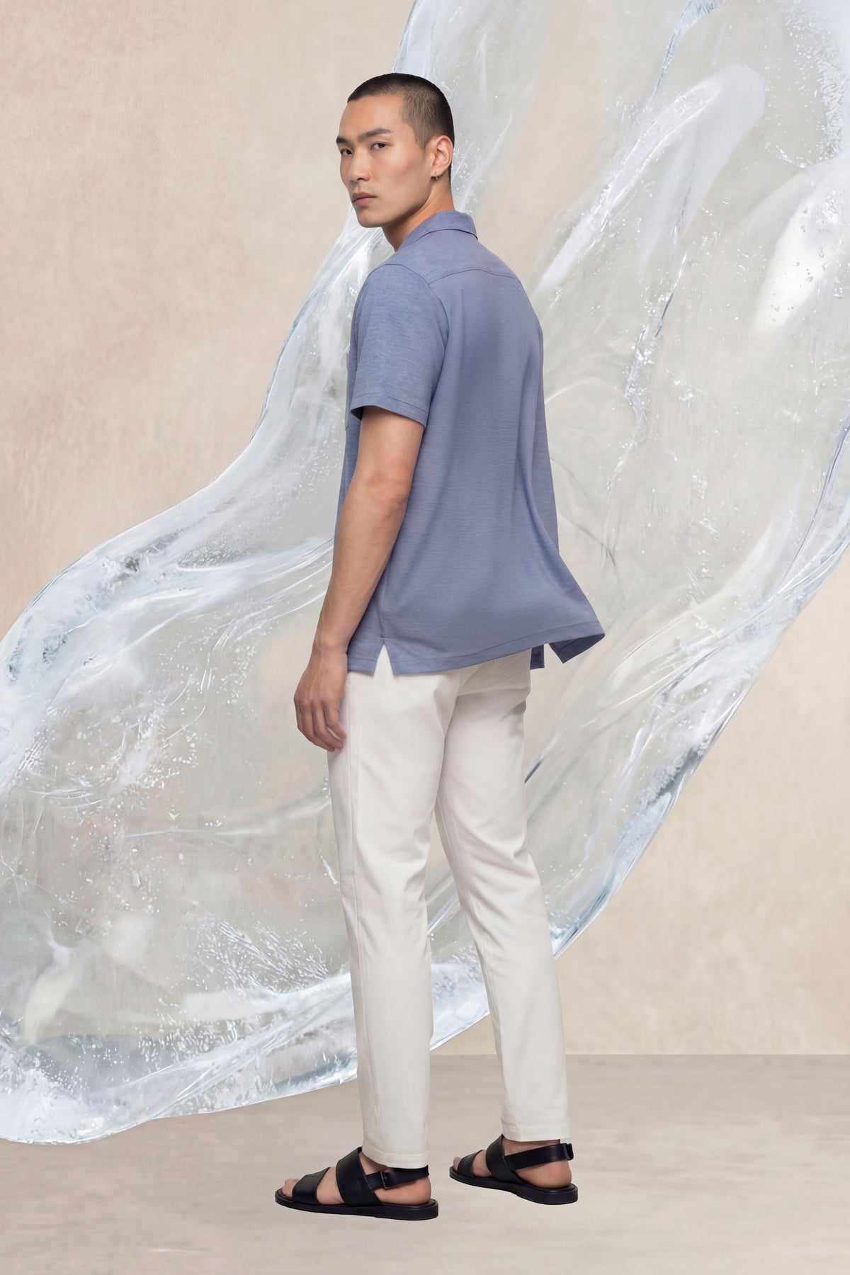 Camisa de boliche masculina ICE manga curta azul mesclado halo