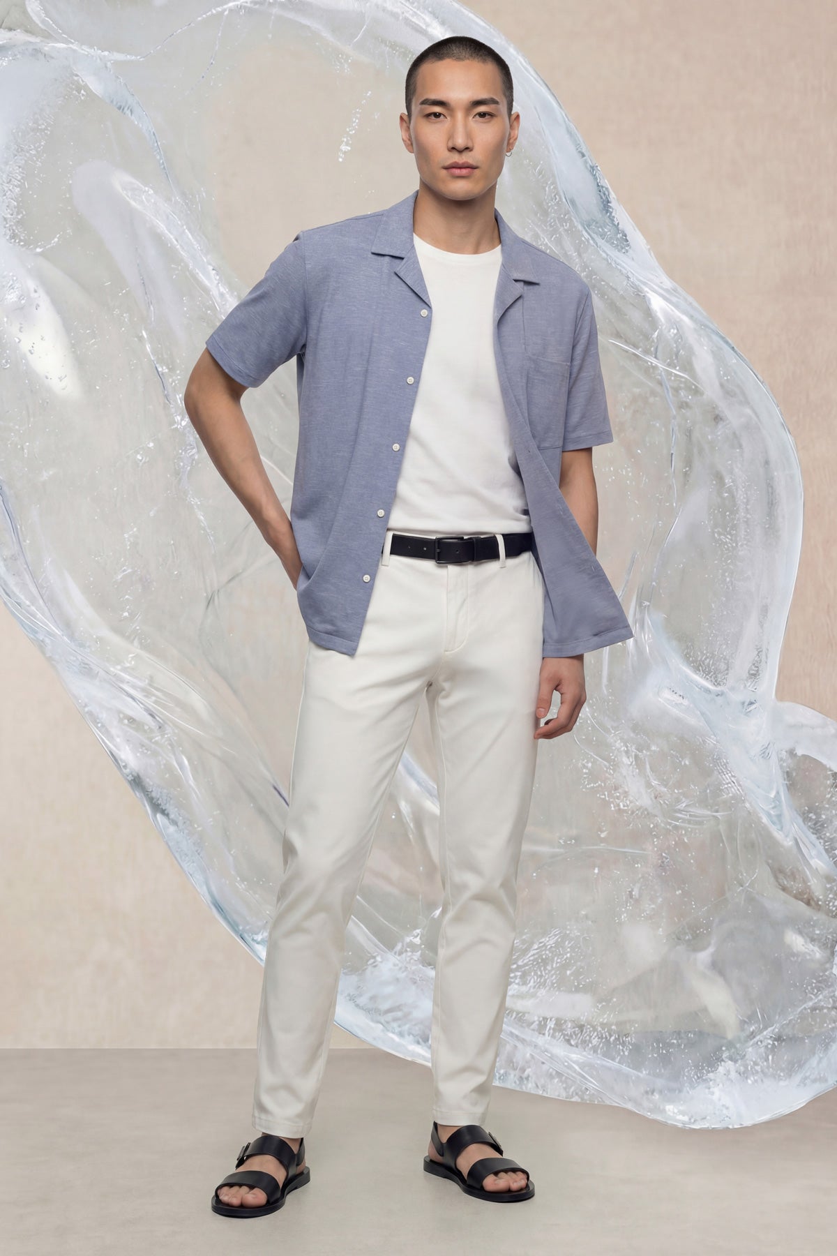 Camisa de boliche masculina ICE manga curta azul mesclado halo