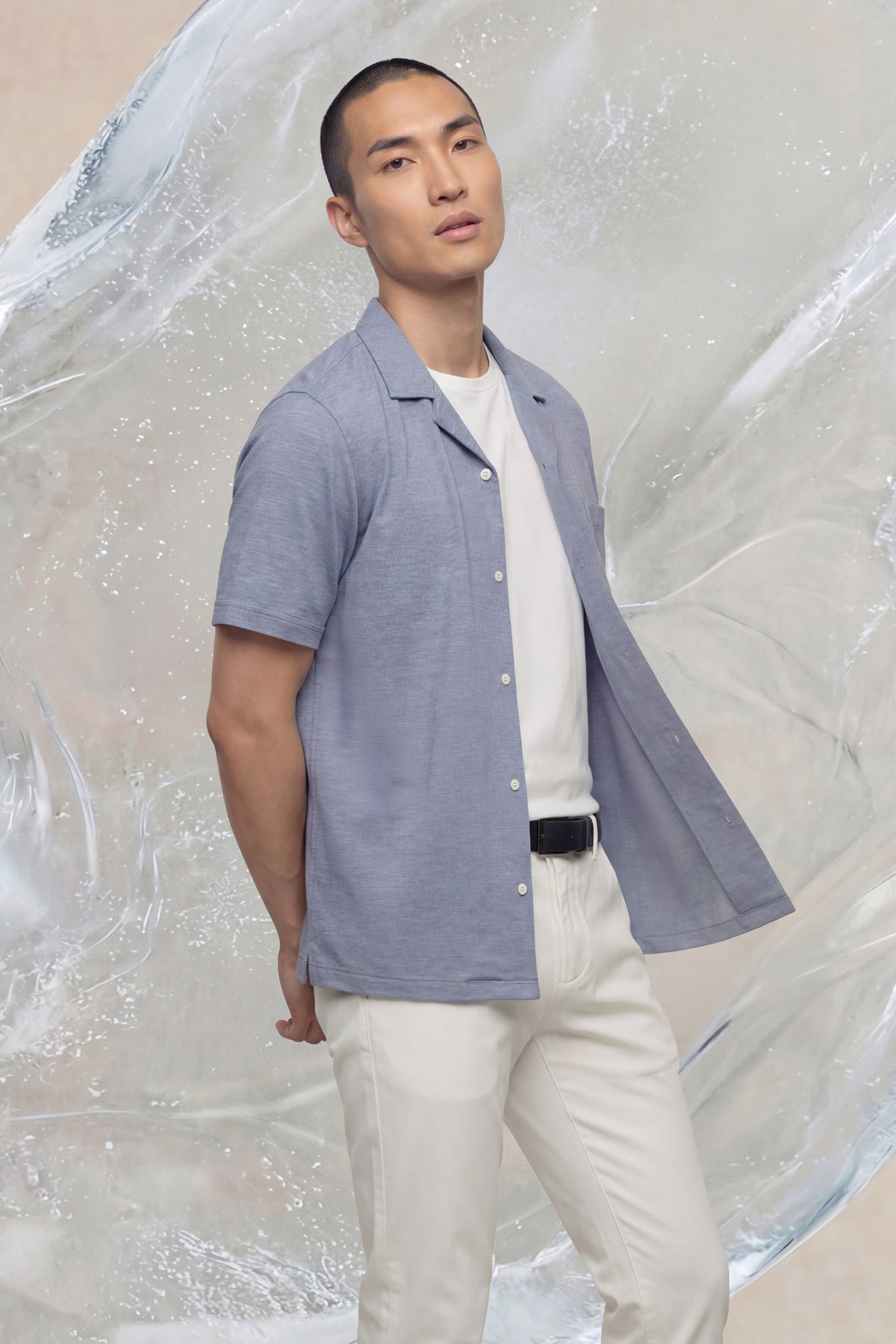 Camisa de boliche masculina ICE manga curta azul mesclado halo