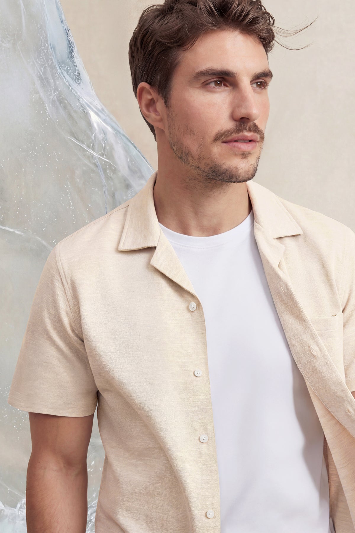 Camisa bowling ICE beige melange manga corta hombre