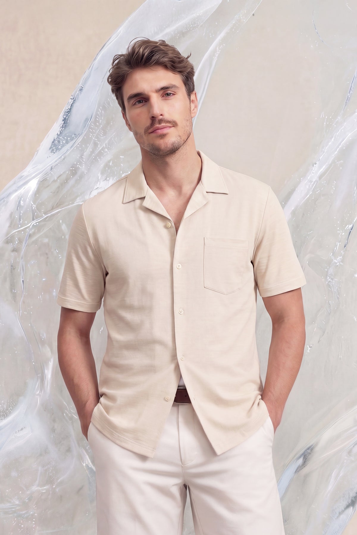 Camisa bowling ICE beige melange manga corta hombre