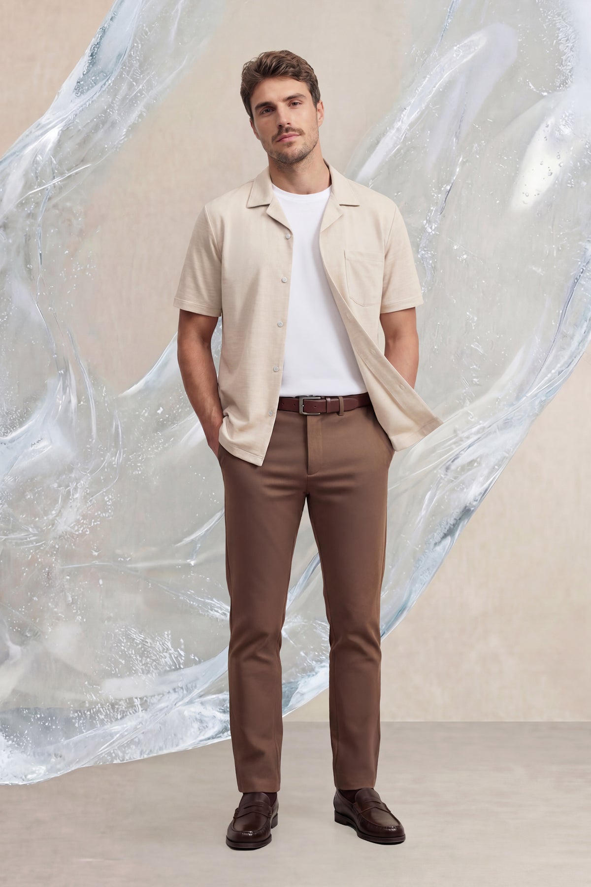 Camisa bowling ICE beige melange manga corta hombre