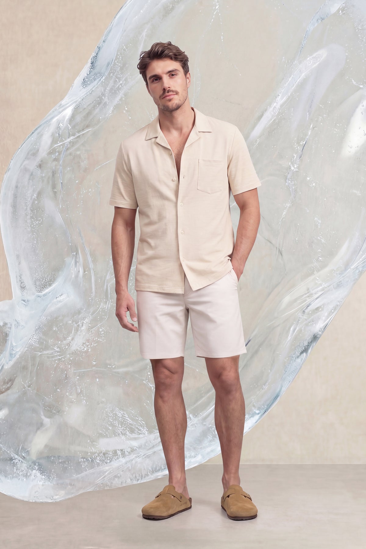 Camisa bowling ICE beige melange manga corta hombre