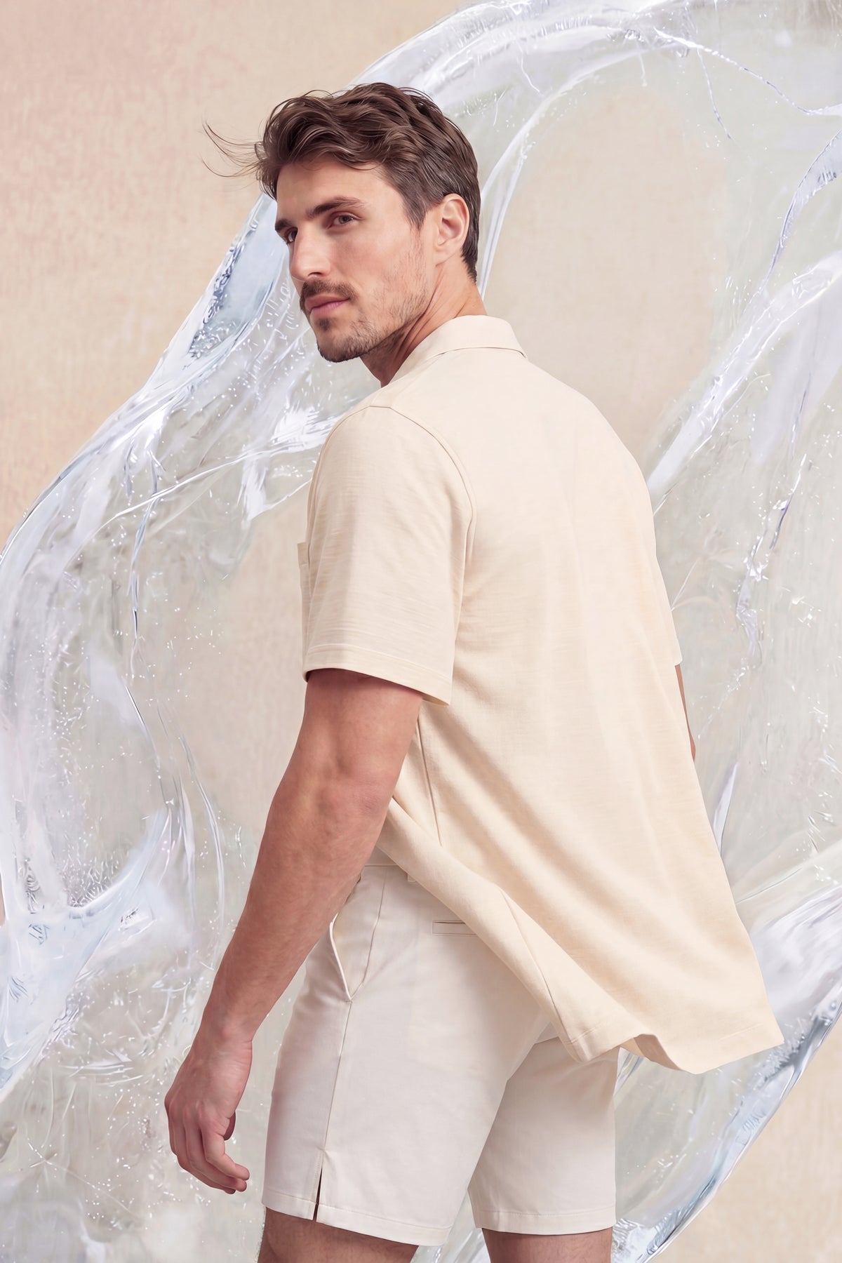 ICE beige melange short-sleeved men's bowling shirt