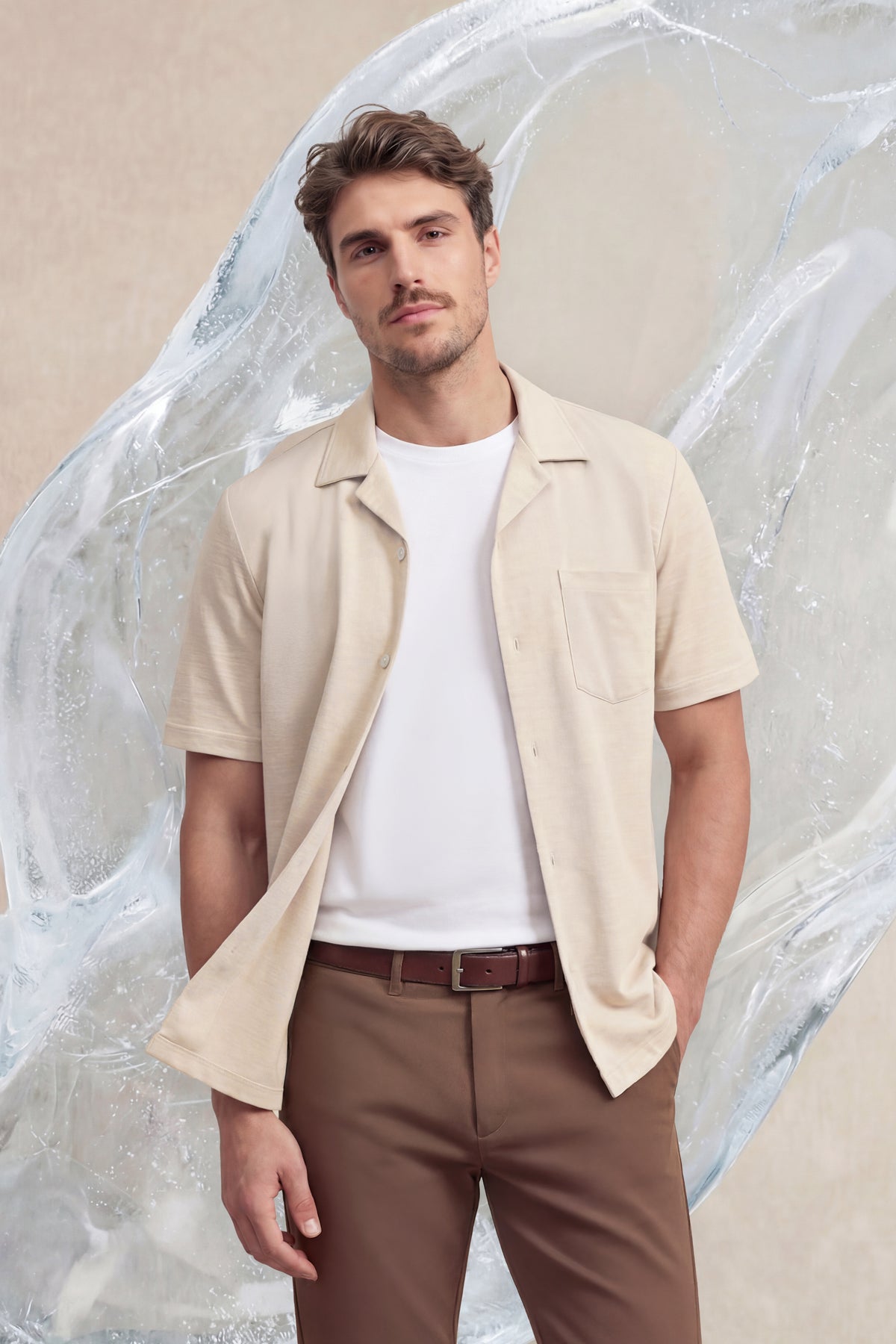 Camisa bowling ICE beige melange manga corta hombre