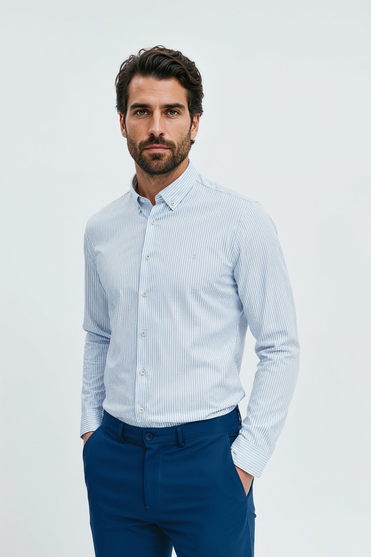 Camisa casual para homem com estampa listrada azul regular