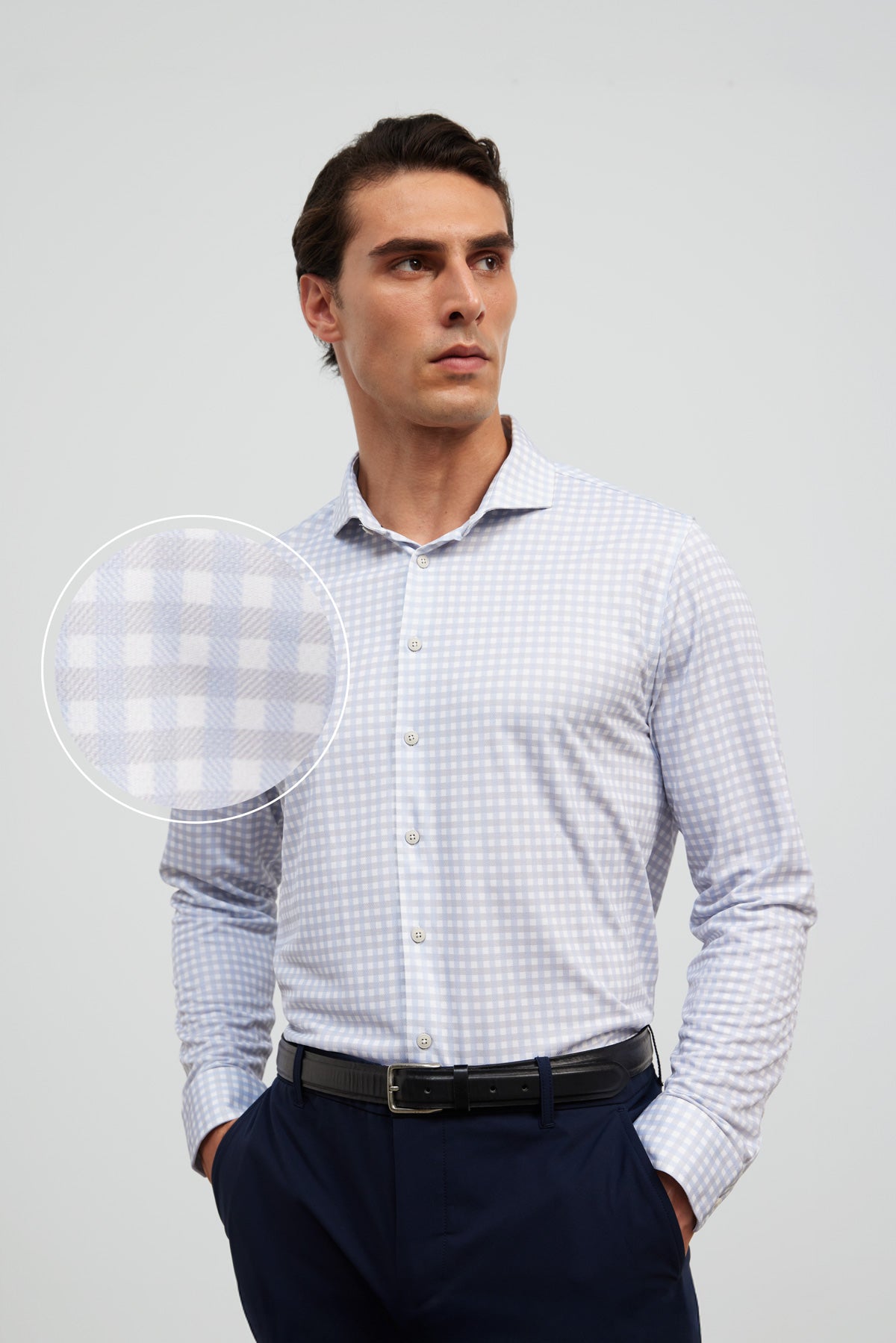 Camisa de vestir cuello cutaway hombre estampado cuadro celeste regular