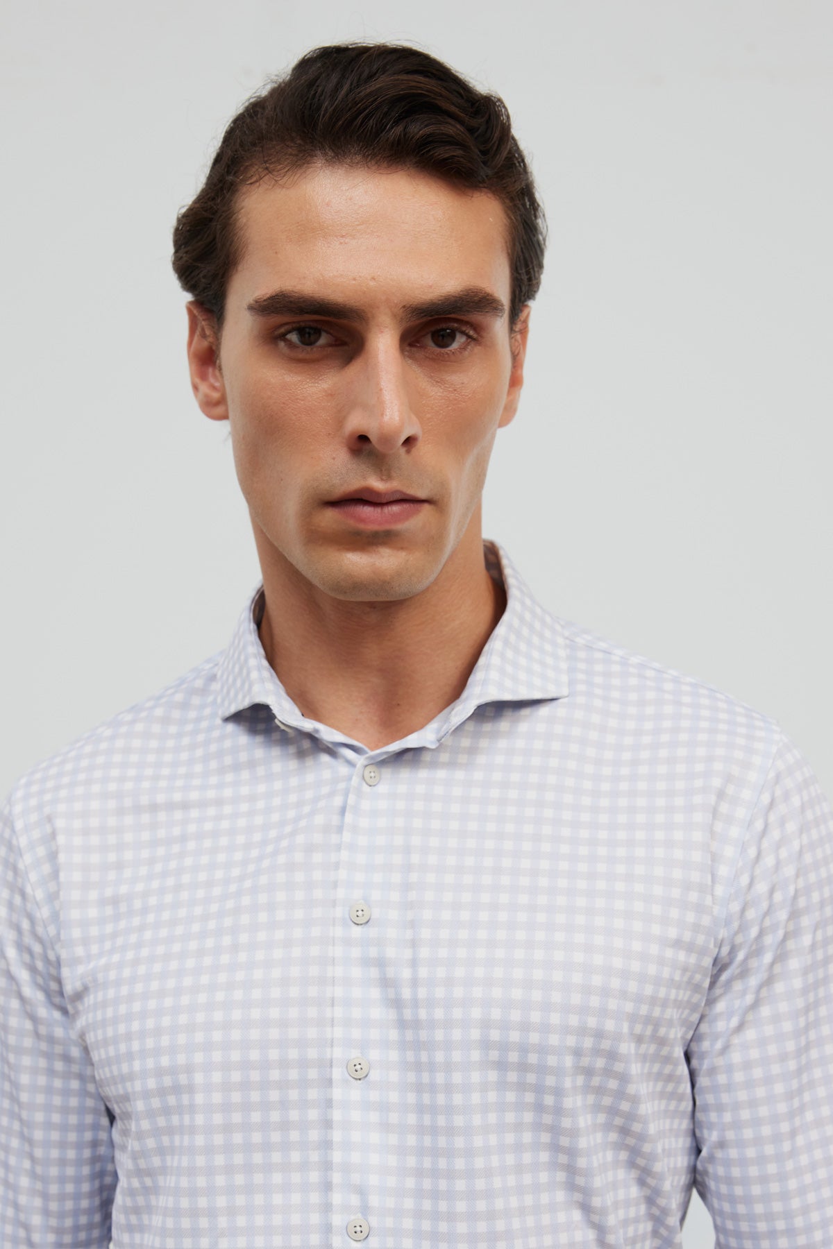 Camisa de vestir cuello cutaway hombre estampado cuadro celeste regular