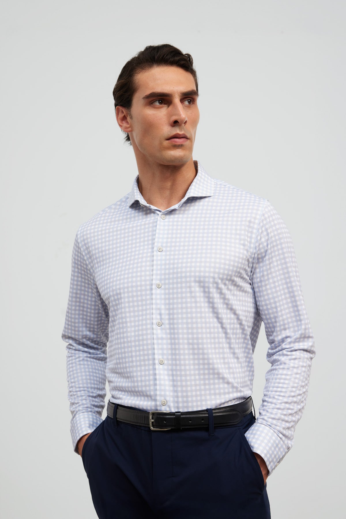 Camisa de vestir cuello cutaway hombre estampado cuadro celeste regular
