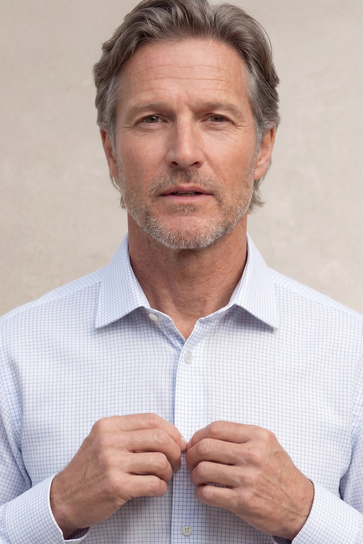 Camisa de vestir hombre estampado cuadro fino celeste regular - Sepiia, vista plana