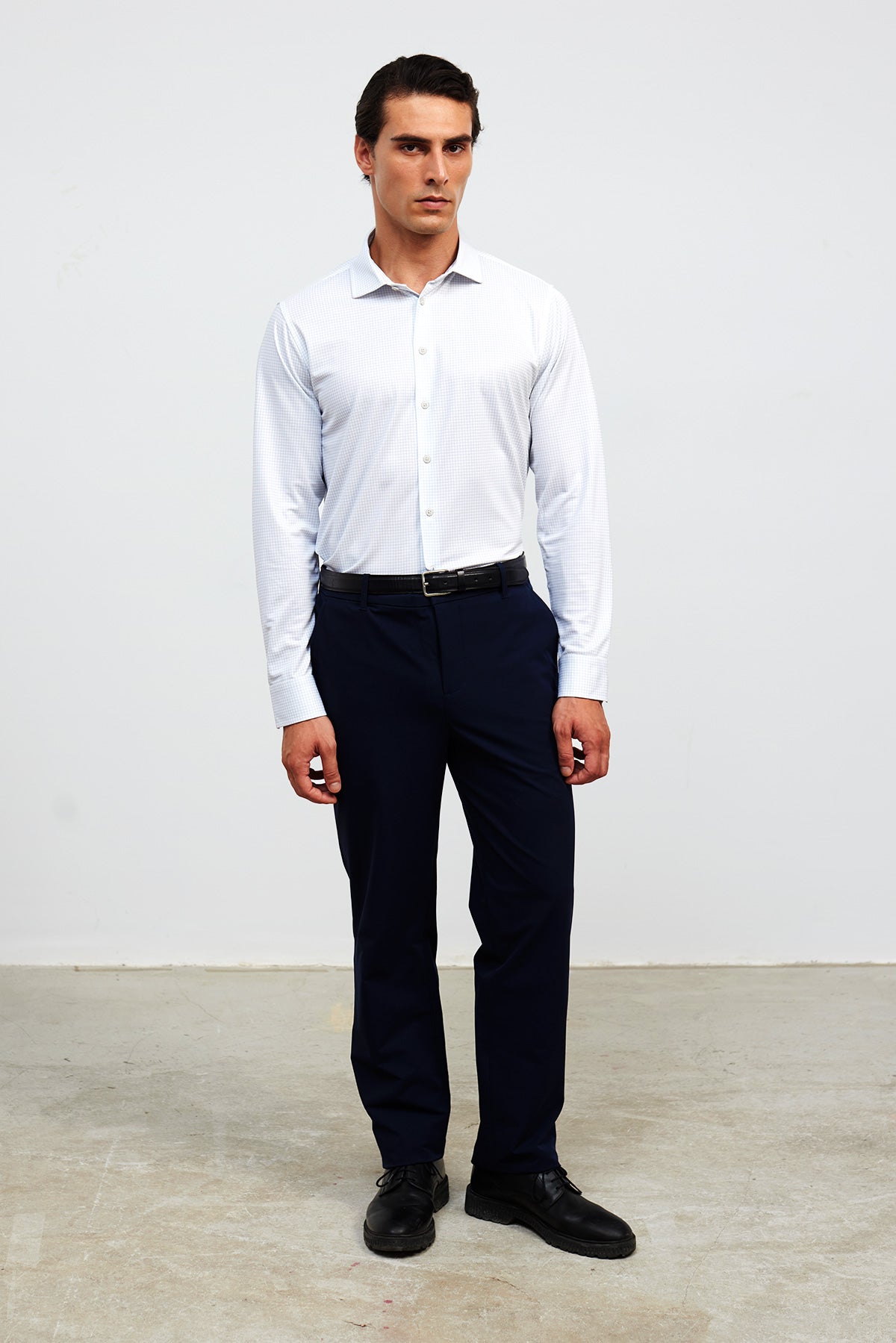 camisa de vestir cuadro celeste regular cuerpo entero