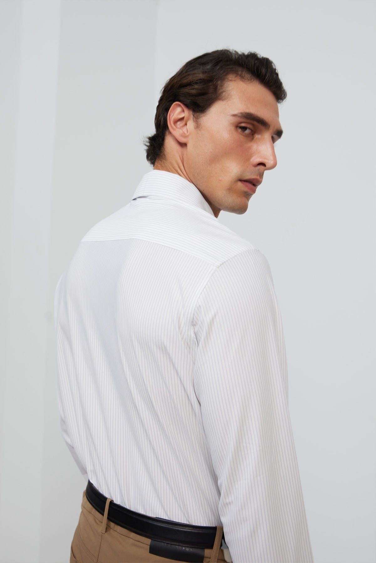 Camisa de vestir hombre estampado rayas celeste regular Luxe