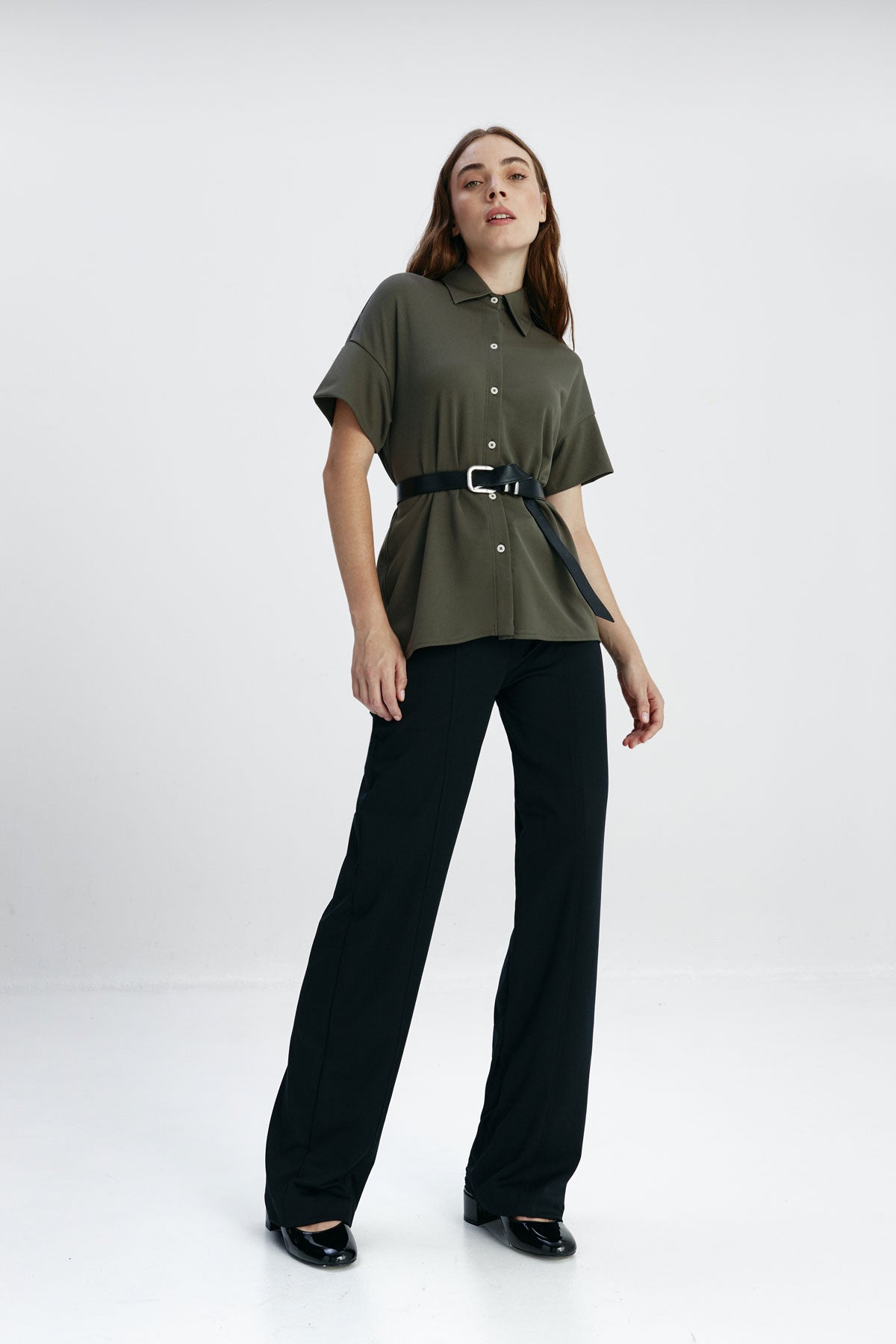 Women's short sleeve khaki green shirt