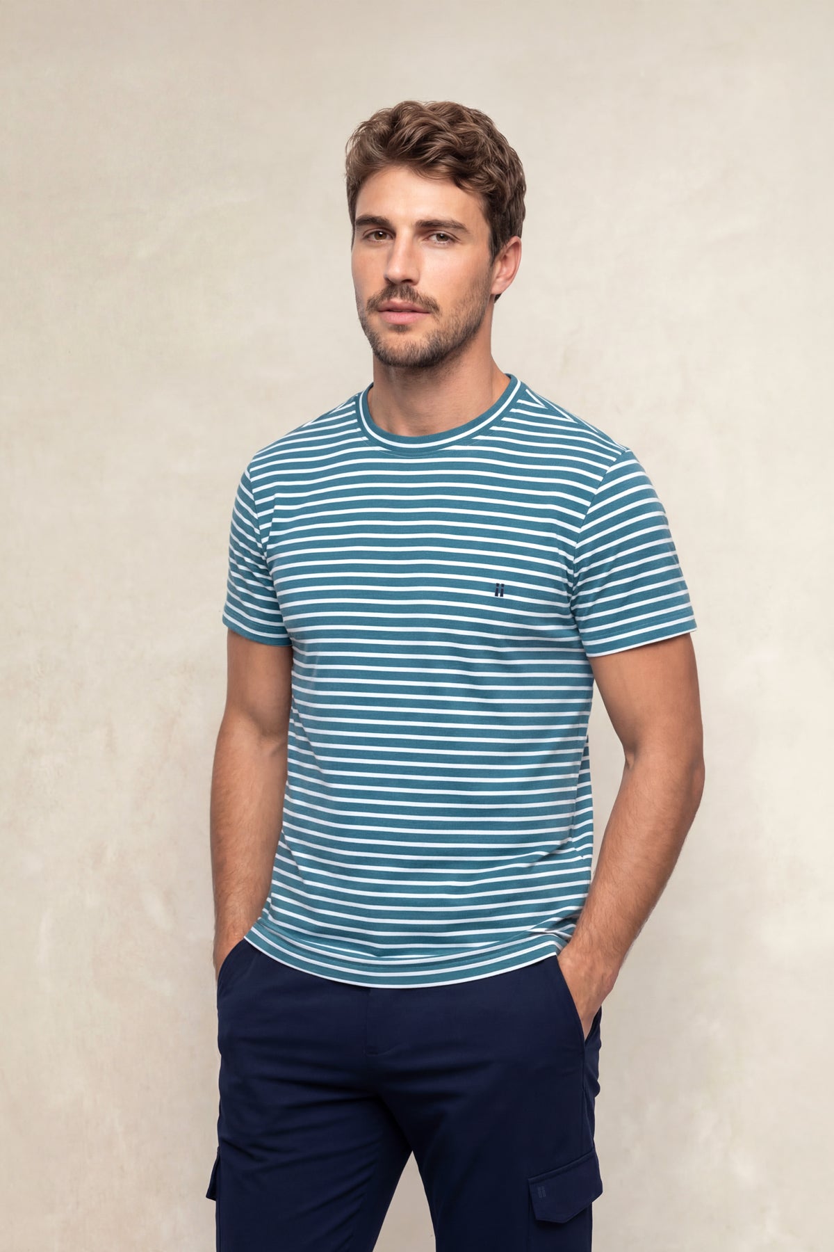 Camiseta hombre cuello redondo estampado rayas azul tormenta Soft