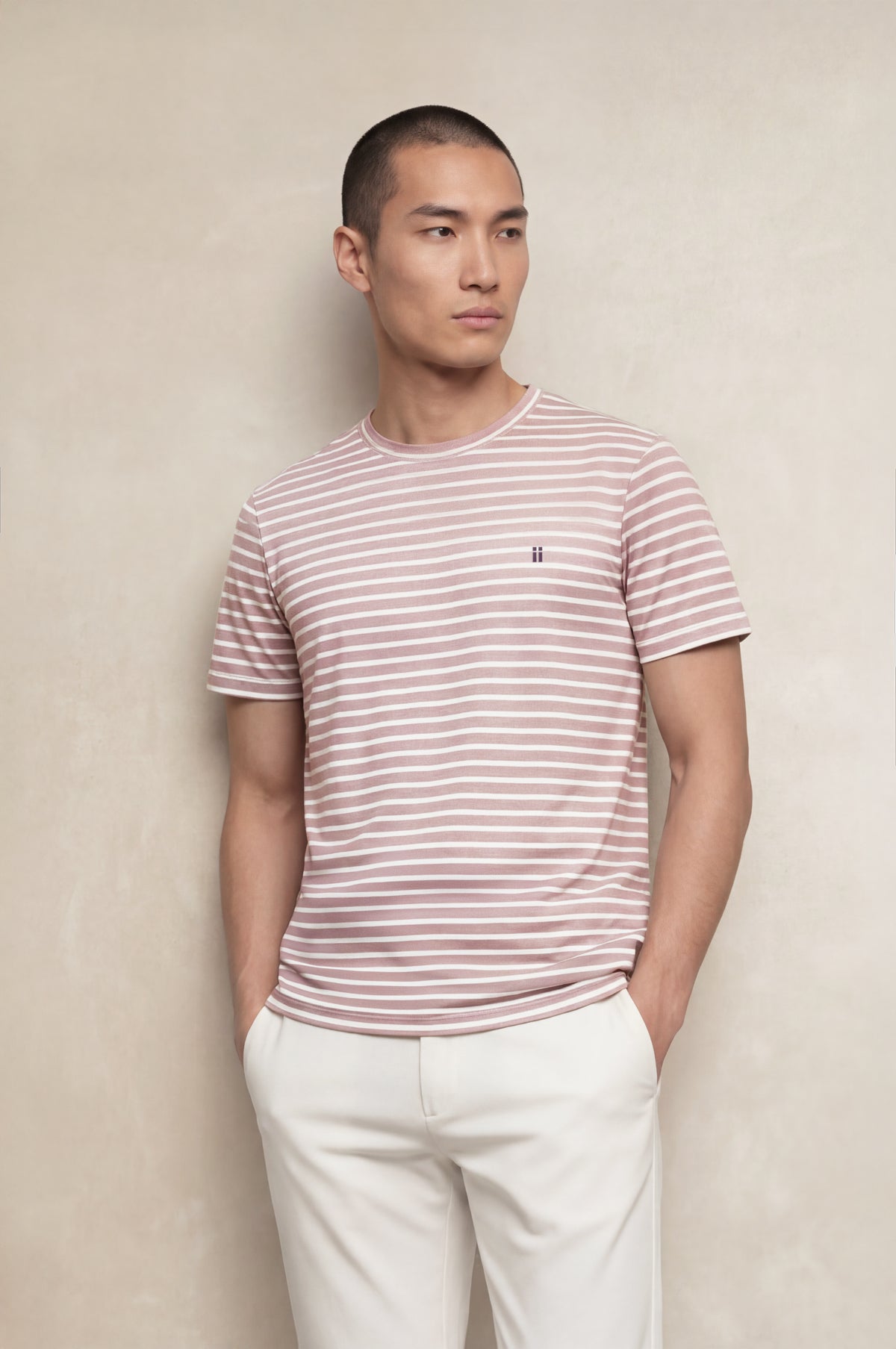 Camiseta hombre cuello redondo estampado rayas rosa palo Soft