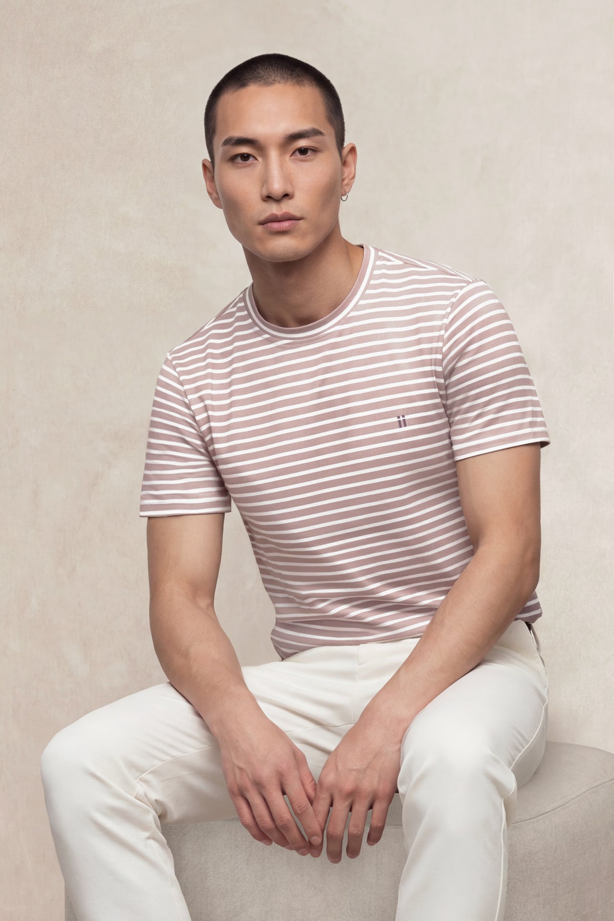 Camiseta hombre cuello redondo estampado rayas rosa palo Soft