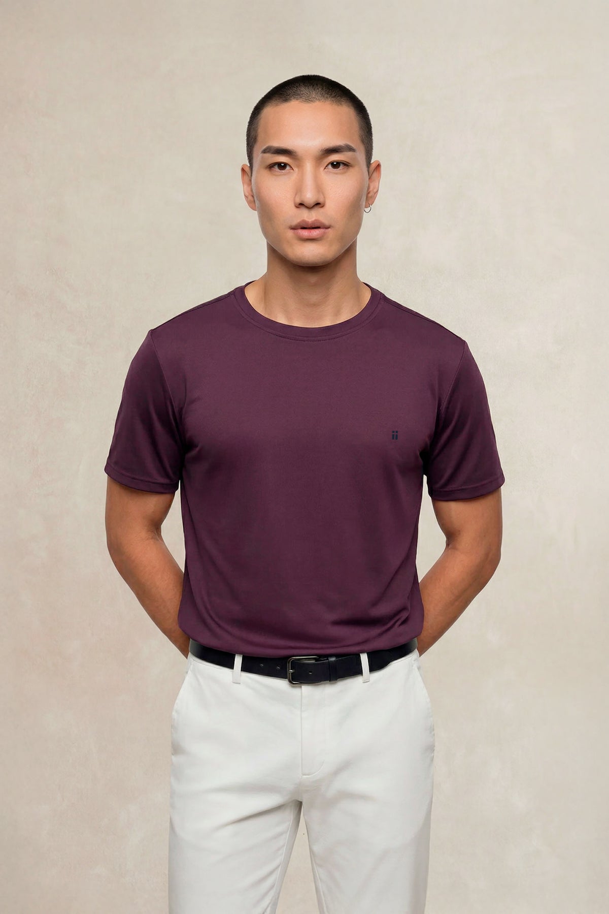 T-shirt macia para homem, gola redonda, cor ameixa